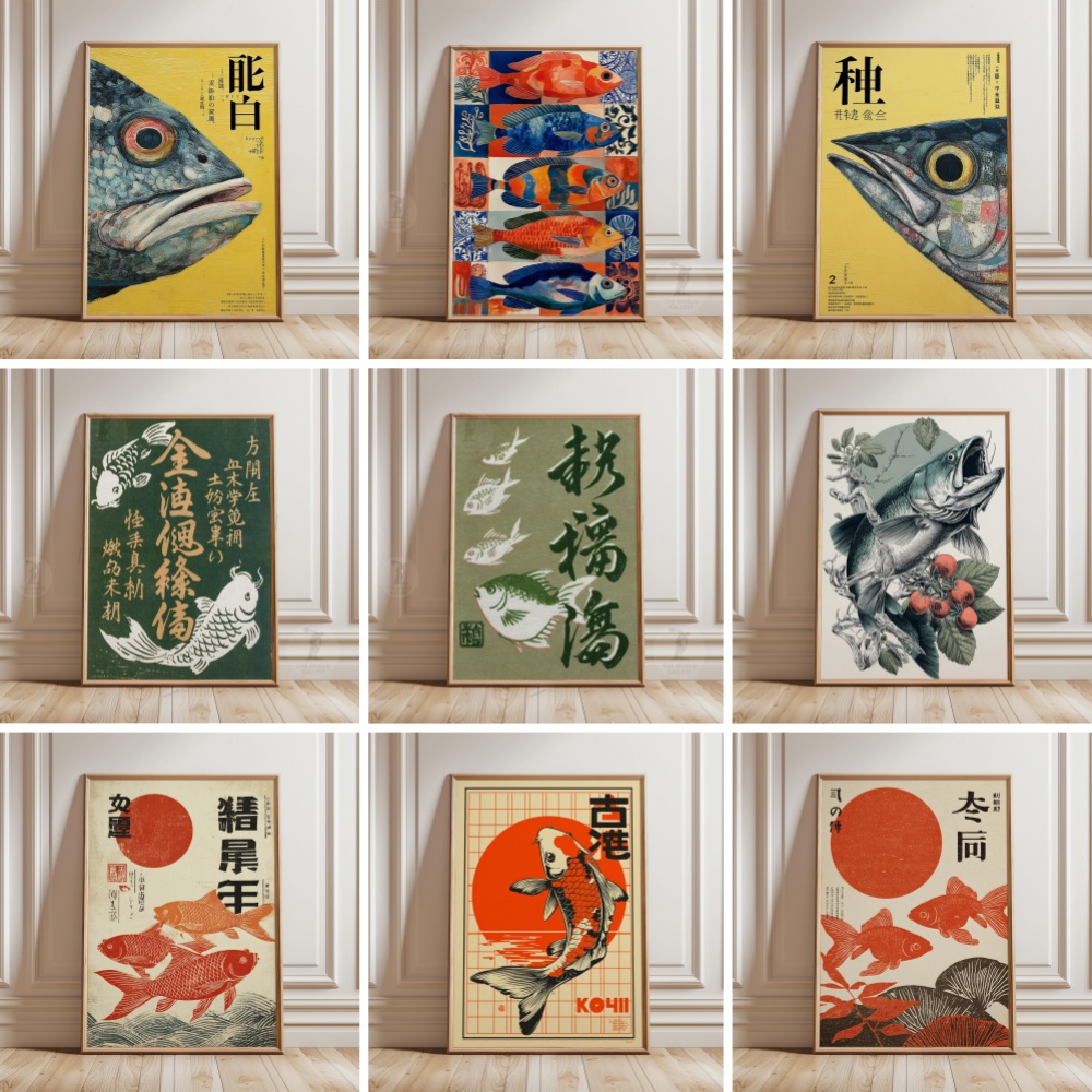 Japanese Zen Lifestyle - โปสเตอร์ปลาทอง โปสเตอร์ปลาคาร์ฟญี่ปุ่น ภาพพิมพ์บนผ้าใบลายเซน ภาพวาดลายเซน ศิลปะตกแต่งผนังบ้าน ภาพจิตรกรรมฝาผนัง