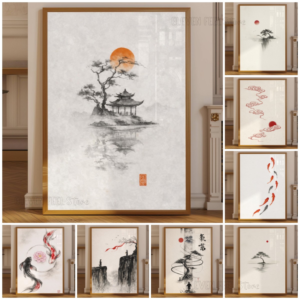 Japanese Zen Lifestyle - โปสเตอร์ต้นไม้หมึกญี่ปุ่น วาบิ ซาบิ บอนไซ งานศิลปะติดผนัง พร้อมพระอาทิตย์สีแดง