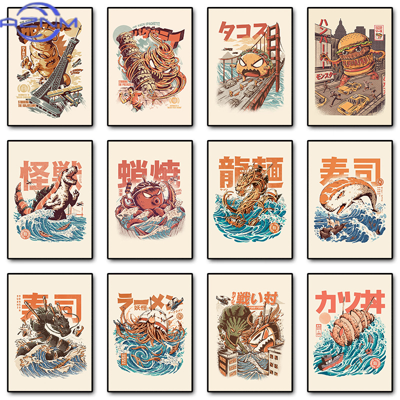 Japanese Lifestyle Home - AZNM ญี่ปุ่นไคจูส์อาหารซูชิราเมนเบอร์เกอร์ซิลล่าโปสเตอร์ภาพวาดบนผ้าใบวินเทจตลกศิลปะติดผนังสำหรับห้องครัวตกแต่งบ้าน