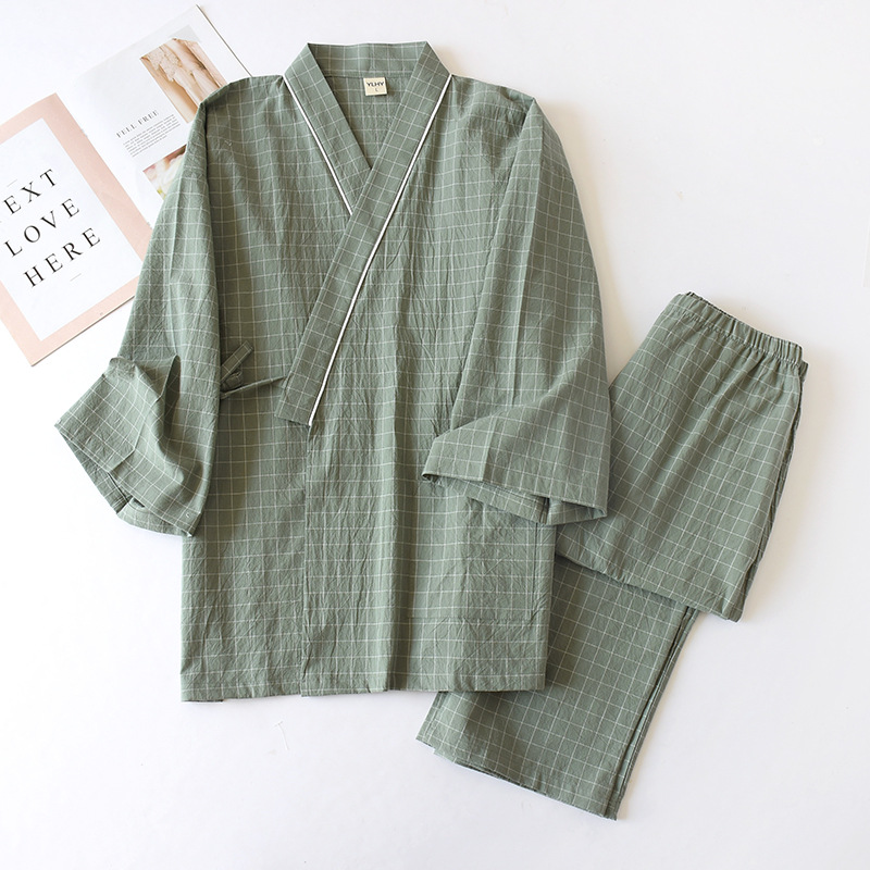 Kimono Yukata Cotton - ชุดกิโมโนสไตล์ญี่ปุ่น ผ้าฝ้ายก๊อซ ชุดนอนลายสก็อตสำหรับผู้ชายฤดูใบไม้ผลิและฤดูใบไม้ร่วง ชุดยูกาตะแบบสองชิ้นพร้อมเชือกผูก ชุดนอนสำหรับใส่ในบ้าน