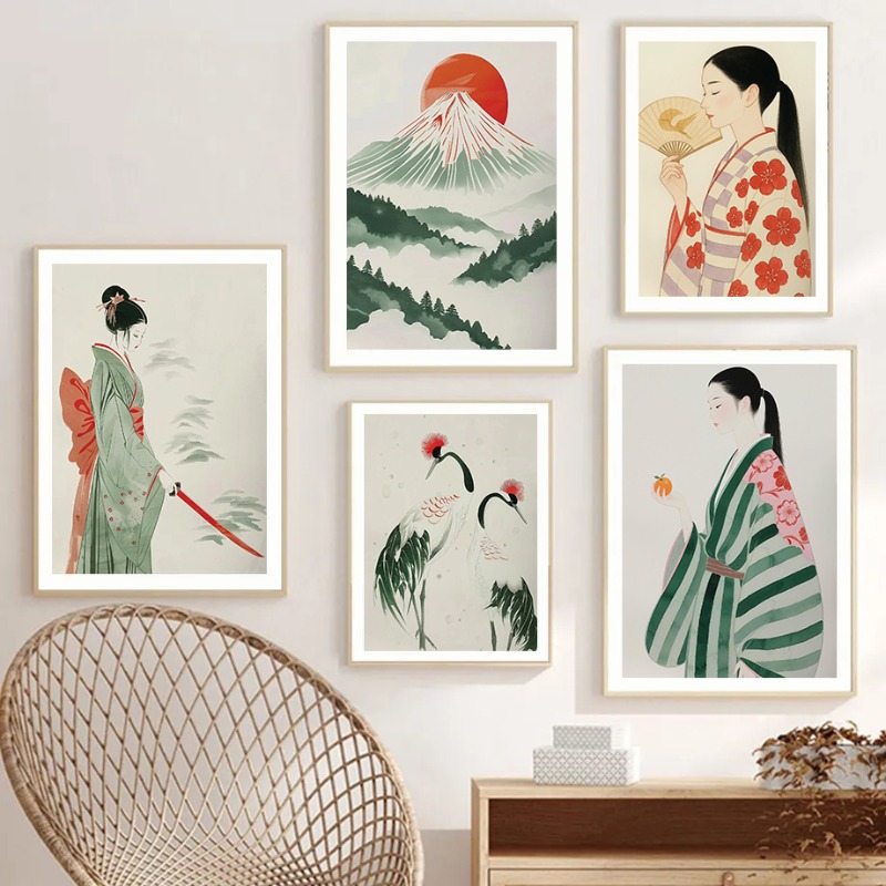 Japanese Zen Lifestyle - Mount Fuji & Crane ผนังญี่ปุ่นพิมพ์ร่วมสมัย Minimalist