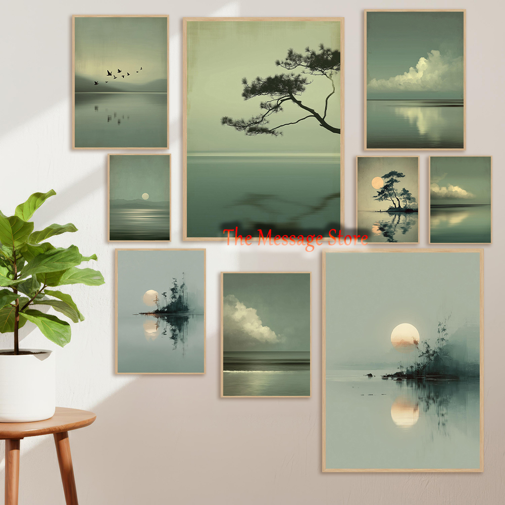 Japanese Zen Lifestyle - ภาพวาดภูมิทัศน์ญี่ปุ่นแบบมินิมอล ทะเลสาบพระจันทร์ เมฆ ทิวทัศน์ทะเล เซน วาบิซาบิ