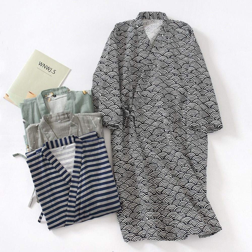Kimono Yukata Cotton - ชุดนอนคอวี เสื้อคลุมกิโมโนผู้ชาย แขนยาวทรงหลวม ชุดนอนกิโมโนพิมพ์ลายลำลอง เสื้อคลุมมีฮู้ดสำหรับผู้ชายสำหรับสปา